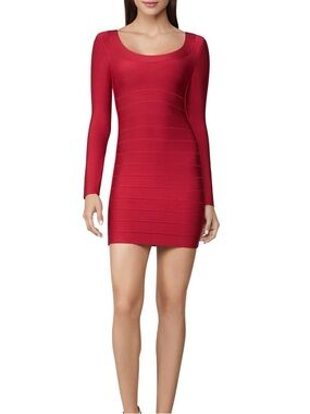 Herve Leger Paris Raspberry
Red Long Sleeve Striped Scoop
Neck Dress M